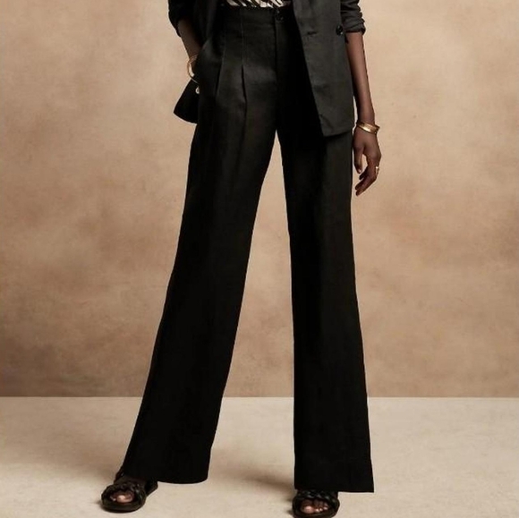 Banana Republic HR Pleated Pants Trouser Slacks Linen High Waisted Wide Black 4L